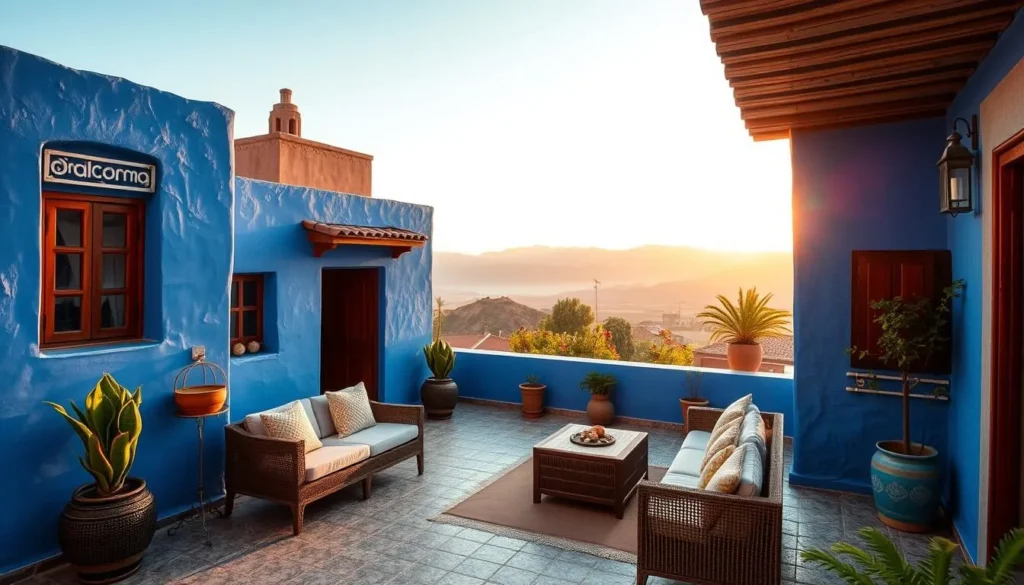 Traditional riad accommodation in Chefchaouen with views toward Talassemtane National Park, Morocco