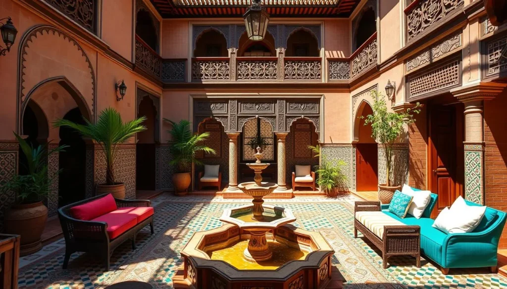 Traditional riad accommodation in El Kelaa des Sraghna with courtyard and fountain, Morocco