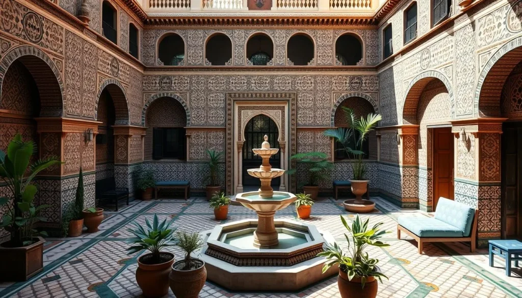 Traditional riad courtyard in El Jadida with Moroccan architecture, fountain, and colorful tilework Traditional riad courtyard in El Jadida with Moroccan architecture, fountain, and colorful tilework