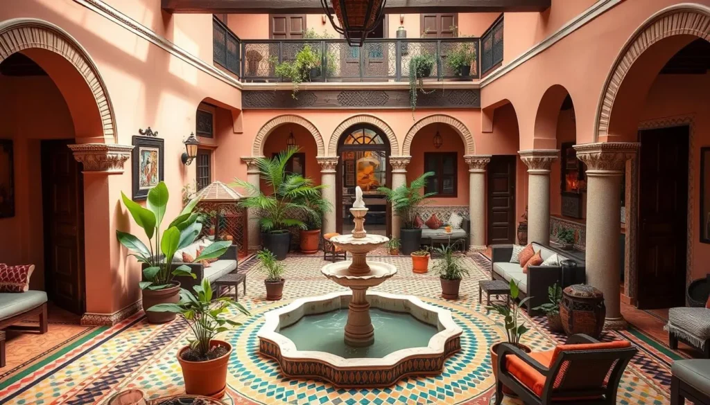Traditional riad in Tiznit with central courtyard, fountain, and Moroccan decor