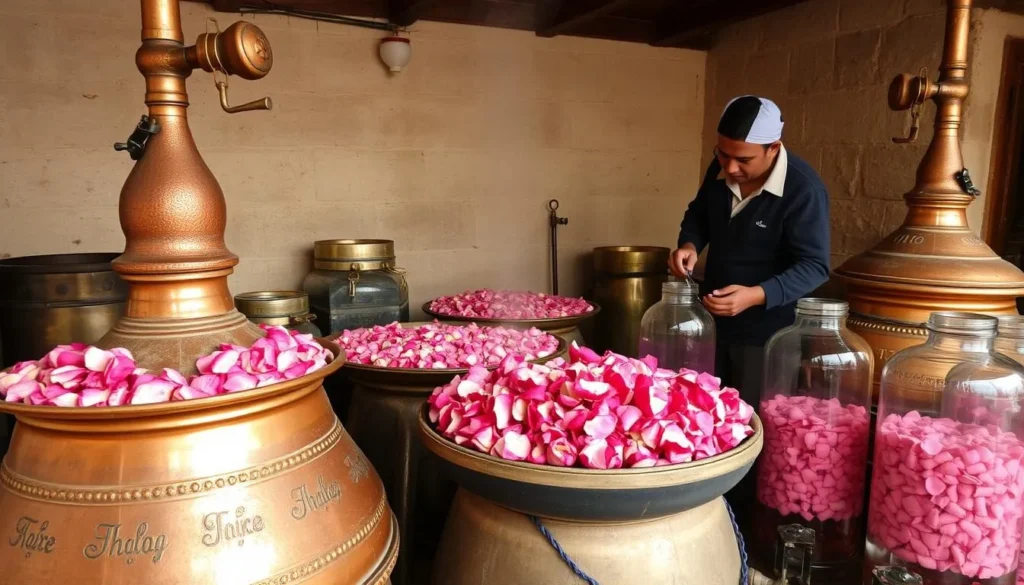Traditional rose water distillation process in Zaghouan with copper stills and rose petals Traditional rose water distillation process in Zaghouan with copper stills and rose petals