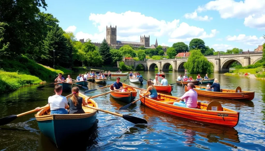 Traditional rowing boats on the River Wear with Durham Cathedral in the background, highlighting riverside activities in Durham, England: Best Things to Do
