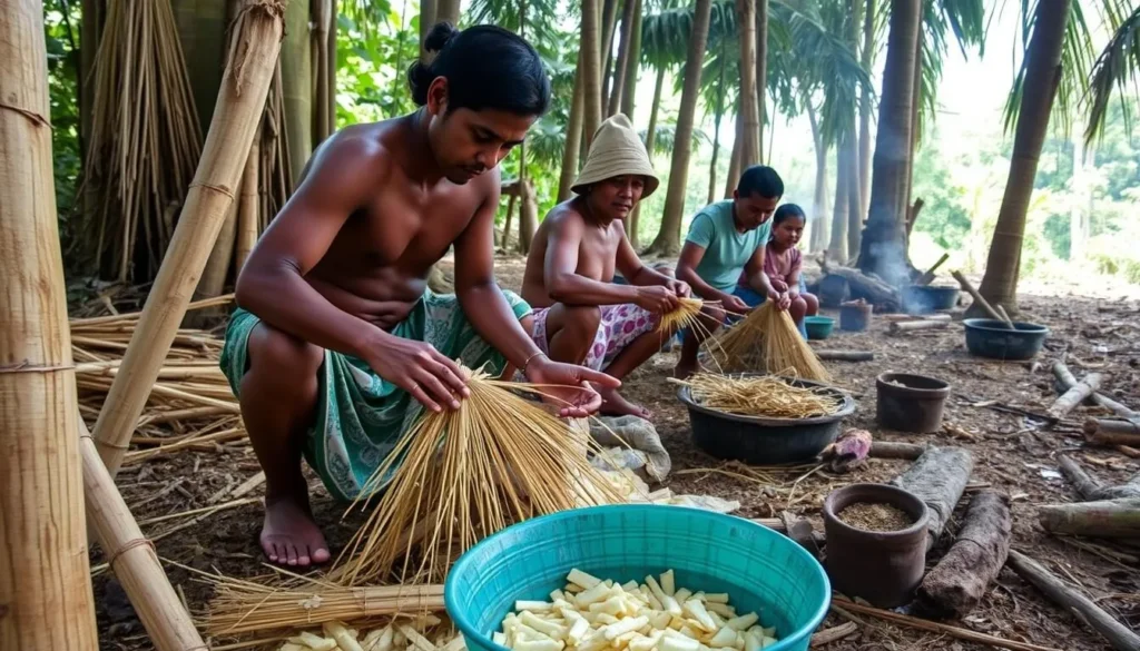 Traditional sago preparation by indigenous people in Lorentz National Park Traditional sago preparation by indigenous people in Lorentz National Park
