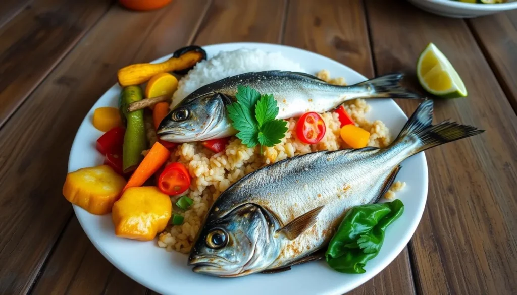 Traditional seafood dish from San Andres Island Colombia with coconut rice