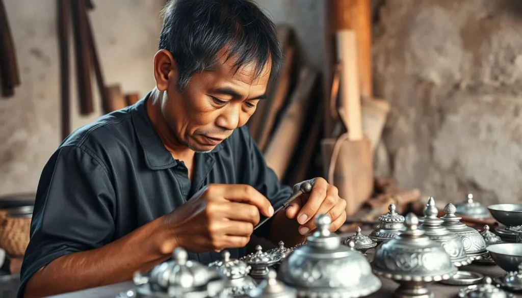 Traditional silver craftsman working in a small workshop in Denpasar