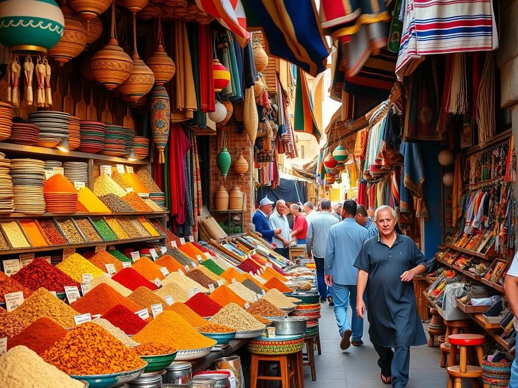 Traditional souk market in Settat with colorful displays of goods