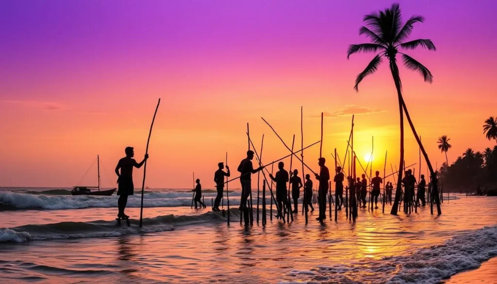 Traditional stilt fishermen at sunset near Galle, Sri Lanka