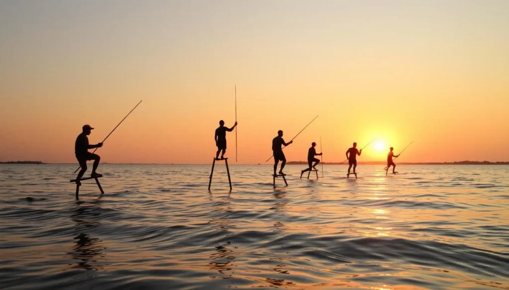 Traditional stilt fishermen near Kakarativu Island, Sri Lanka