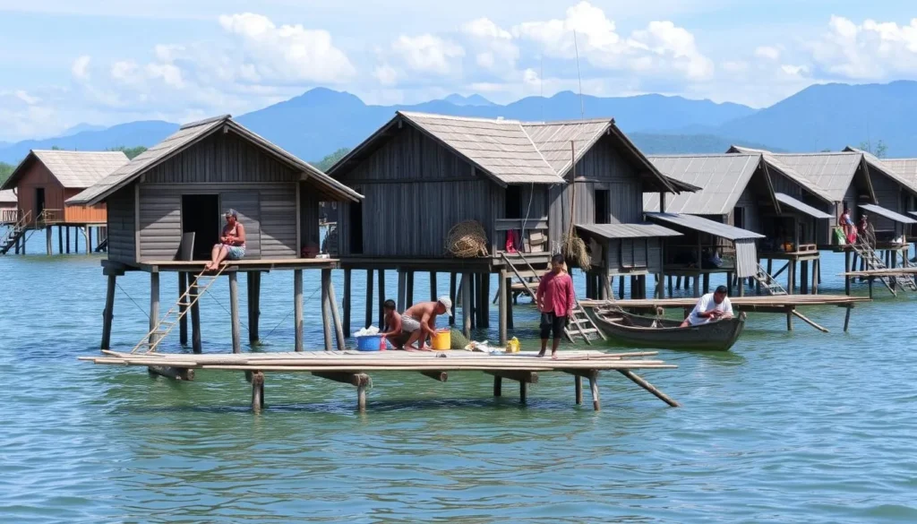 Traditional stilt houses on Asei Island in Lake Sentani with locals in traditional dress