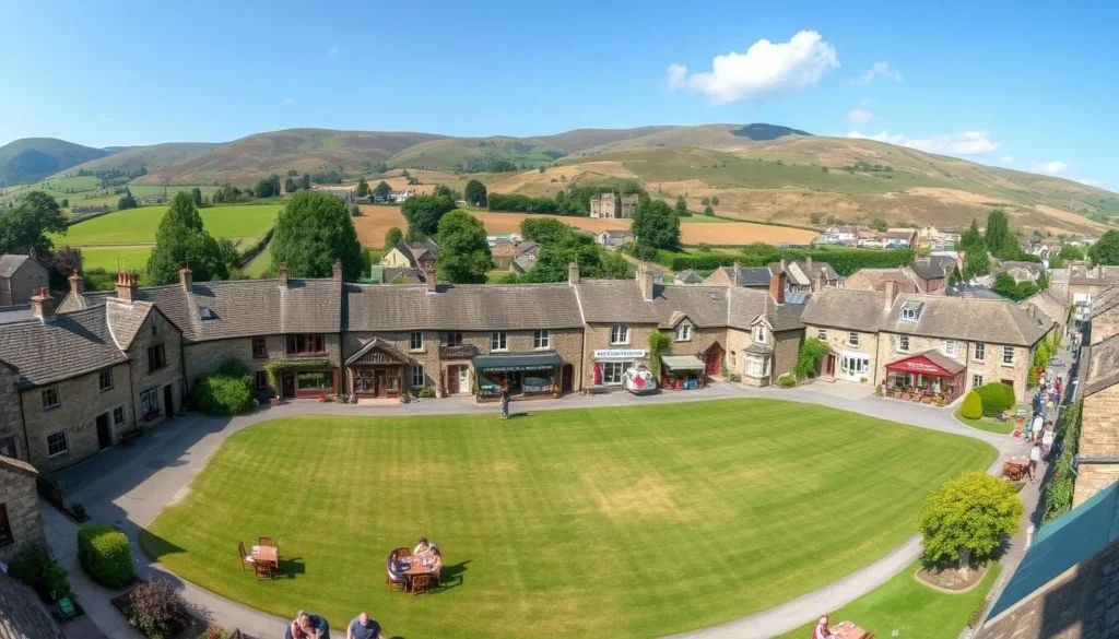 Traditional stone buildings around the village green in Reeth, Swaledale