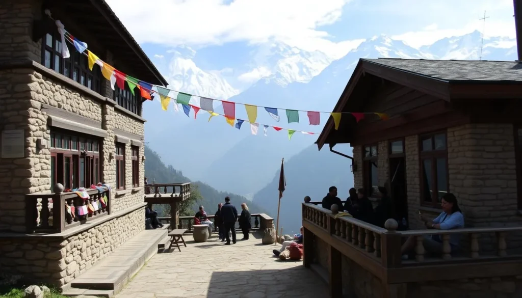Traditional teahouse lodge in the Annapurna region with mountain views and trekkers relaxing on the terrace