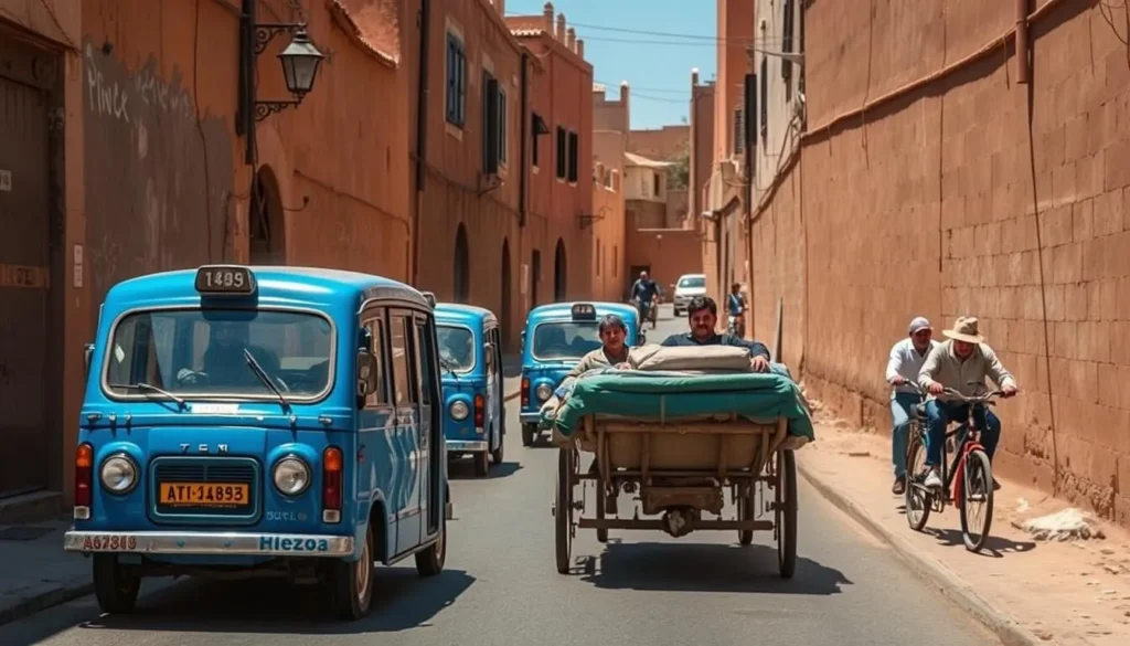 Traditional transport options in Suq as-Sabt Awlad an-Nama including petit taxis and horse carts