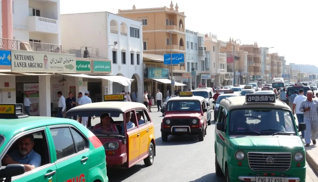 Traditional transportation in Al Mukalla with colorful taxis along the corniche