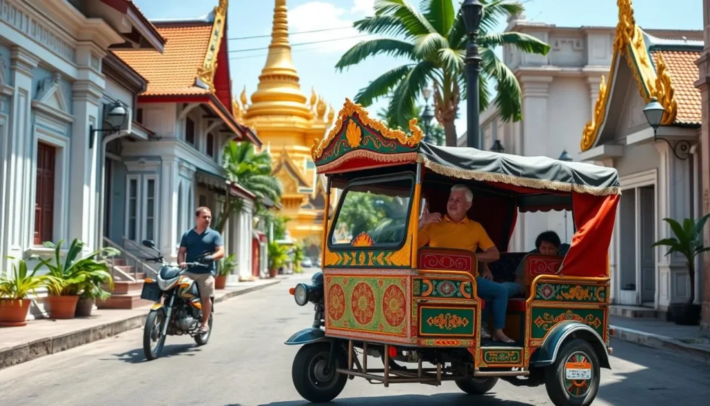 Traditional tuk-tuk transportation in Luang Prabang with ornate temples in the background