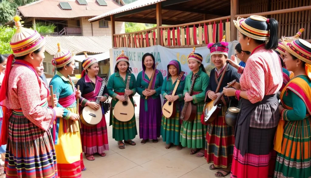 Traditional village celebration in the Annamite Range with local ethnic minority people in traditional dress