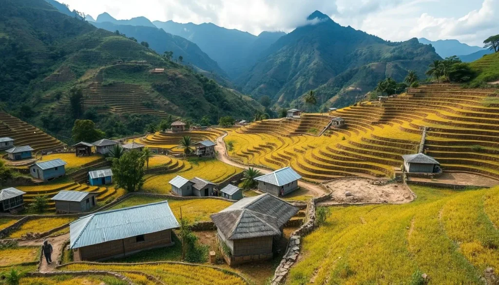 Traditional village in the Knuckles Mountain Range with terraced rice fields