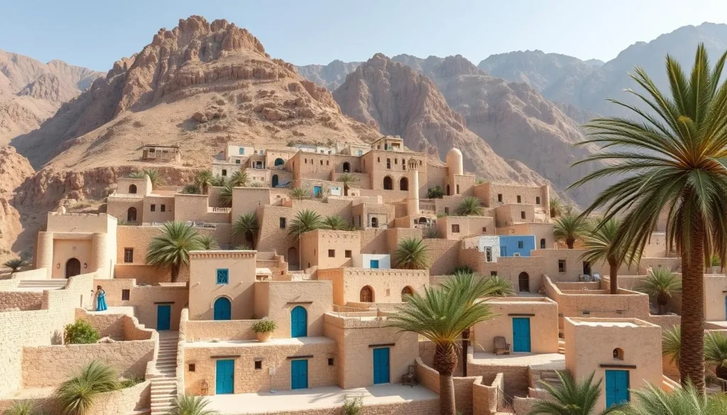 Traditional village of Bilad Sayt near Rustaq showing terraced houses and palm groves Traditional village of Bilad Sayt near Rustaq showing terraced houses and palm groves