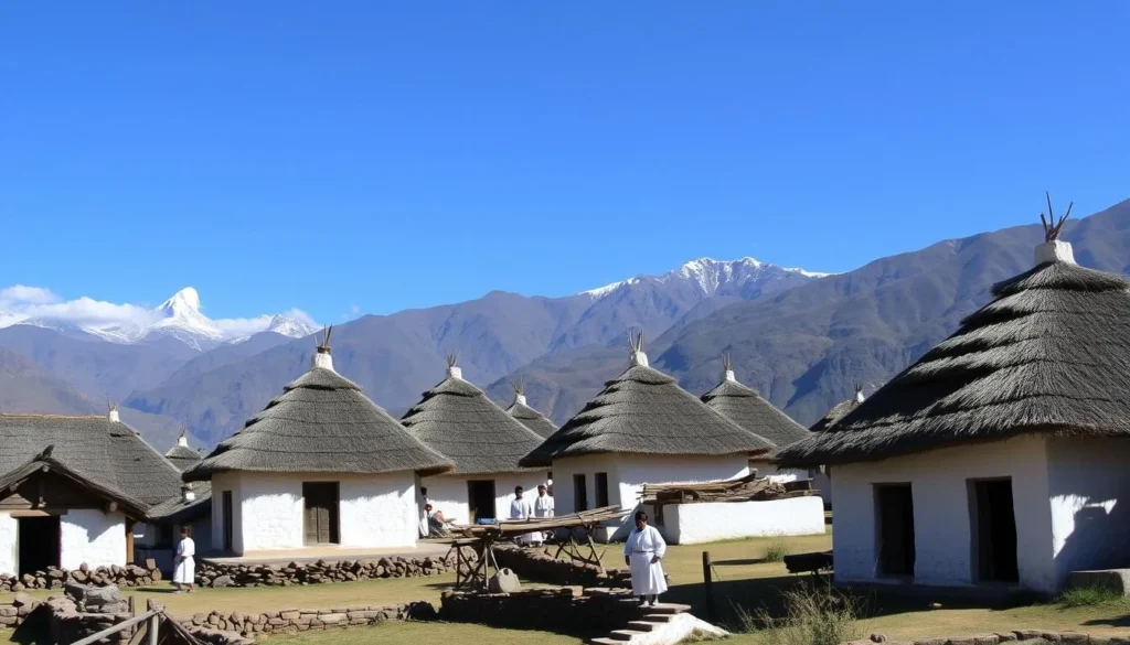 Traditional wattle-and-daub homes in Nabusímake indigenous village with Sierra Nevada mountains in background