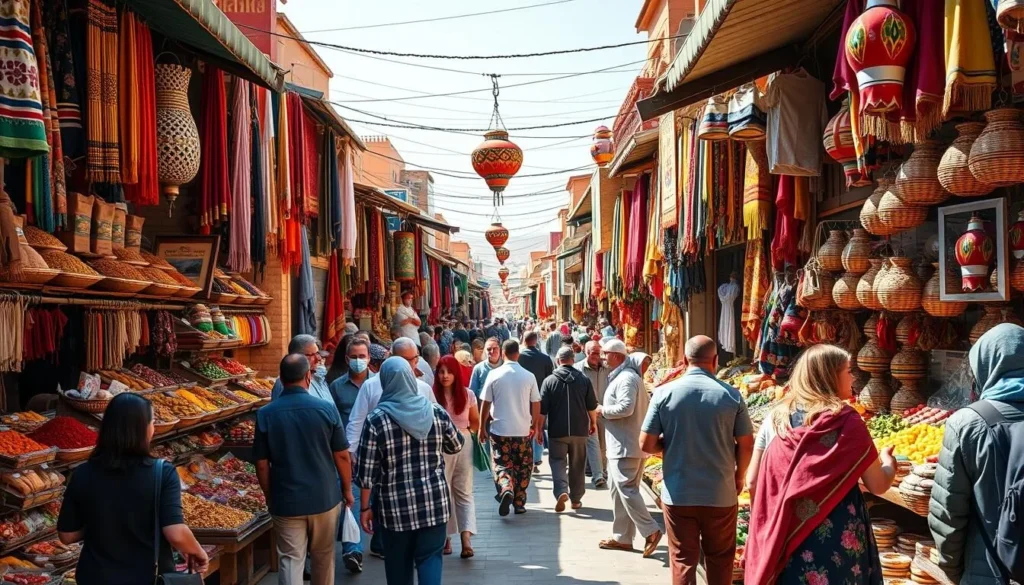 Traditional weekly souk (market) in Tifelt with colorful displays of goods