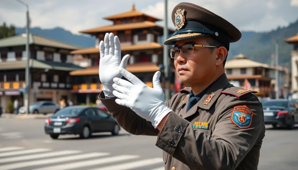 Traditional white-gloved traffic police directing vehicles at Thimphu's main intersection