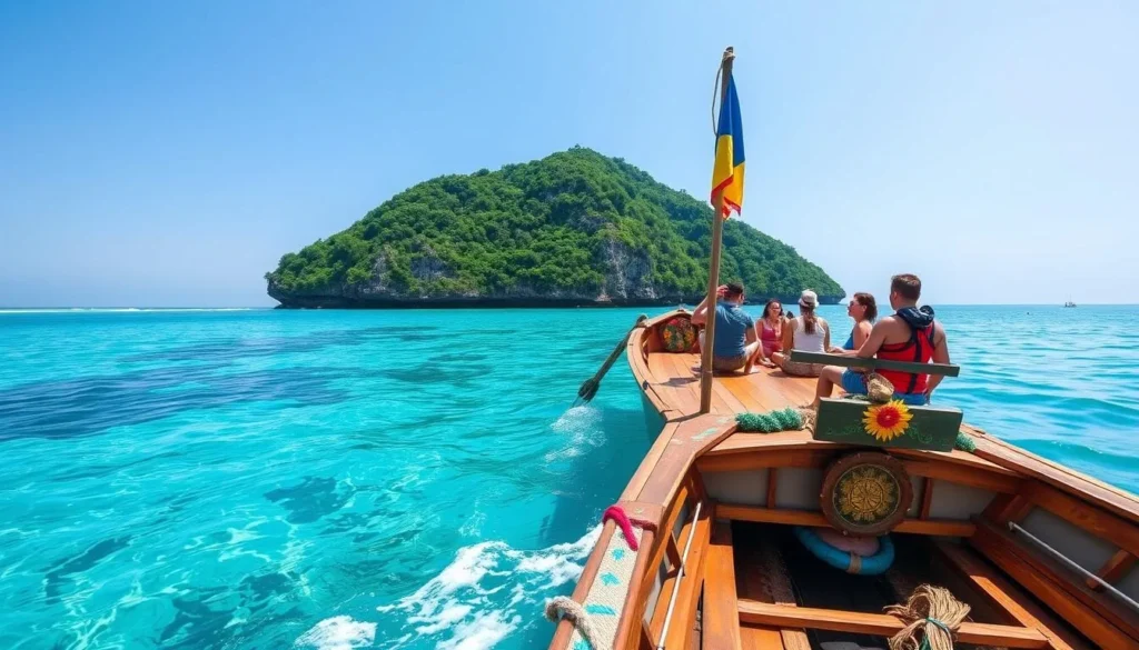 Traditional wooden boat approaching Bunaken Island with tourists