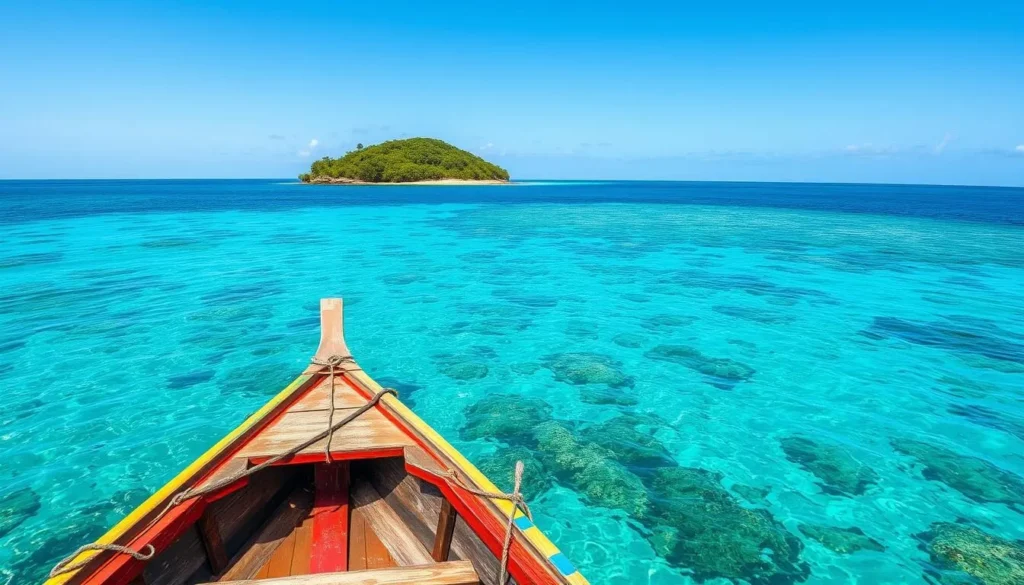 Traditional wooden boat approaching Nosy Antafana in the marine section of Mananara-Nord National Park