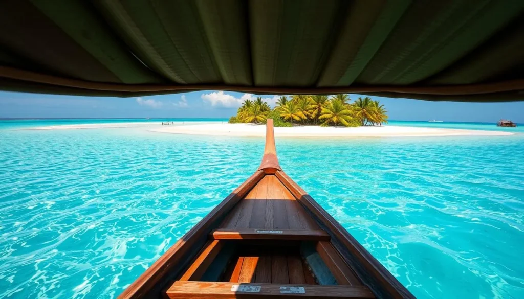 Traditional wooden boat approaching Tinabo Island in Taka Bonerate National Park with turquoise waters and white sand beaches