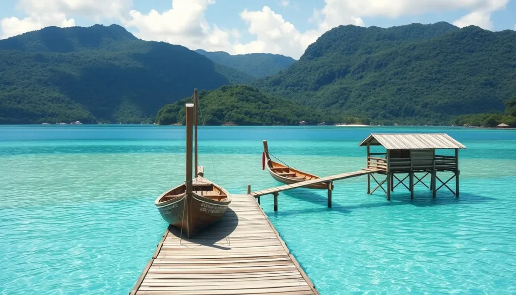 Traditional wooden boat approaching a wooden jetty at Togean Islands with turquoise water and lush green hills in background Traditional wooden boat approaching a wooden jetty at Togean Islands with turquoise water and lush green hills in background