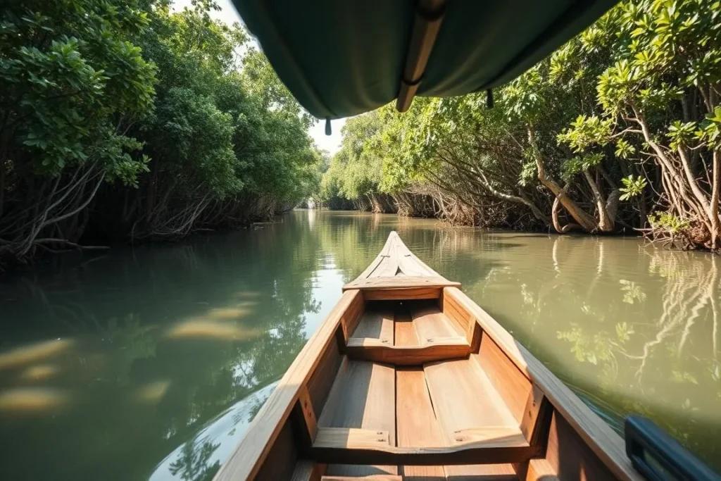 Traditional wooden boat navigating through mangrove channels in Ujung Kulon