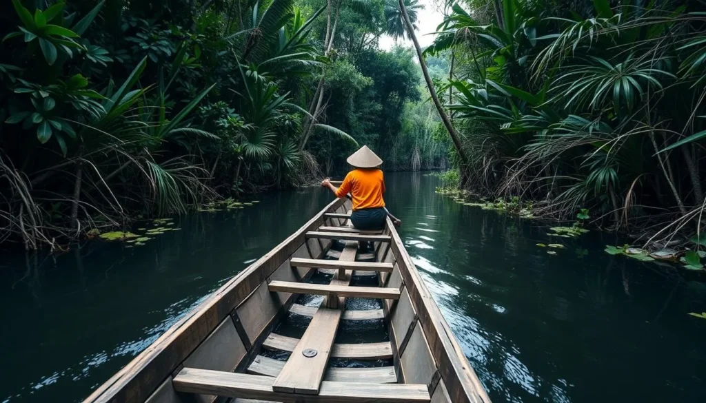 Traditional wooden boat navigating through narrow waterways in Berbak National Park