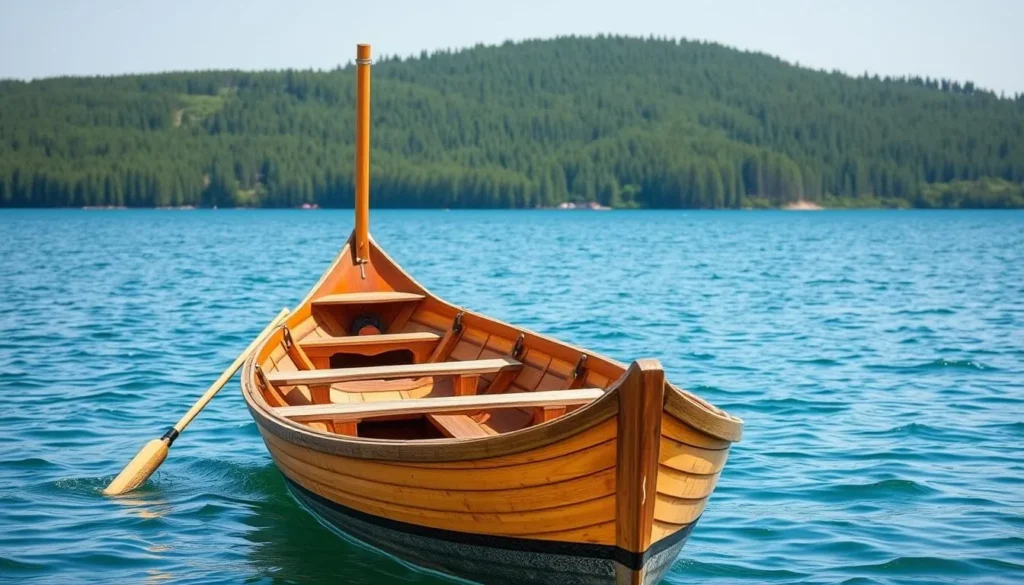 Traditional wooden boat on Lake Beloye with forested shoreline in the background Traditional wooden boat on Lake Beloye with forested shoreline in the background