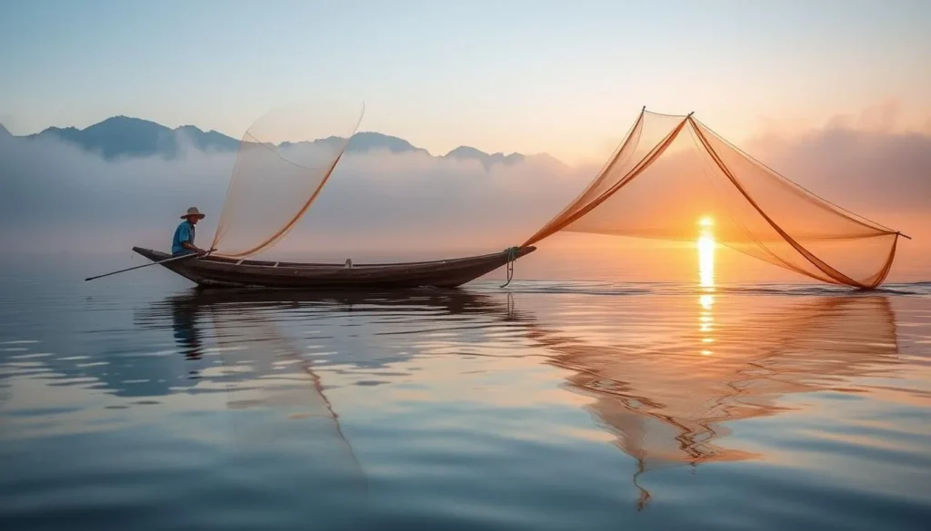 Traditional wooden boat on Lake Paniai with local fishermen casting nets at sunrise
