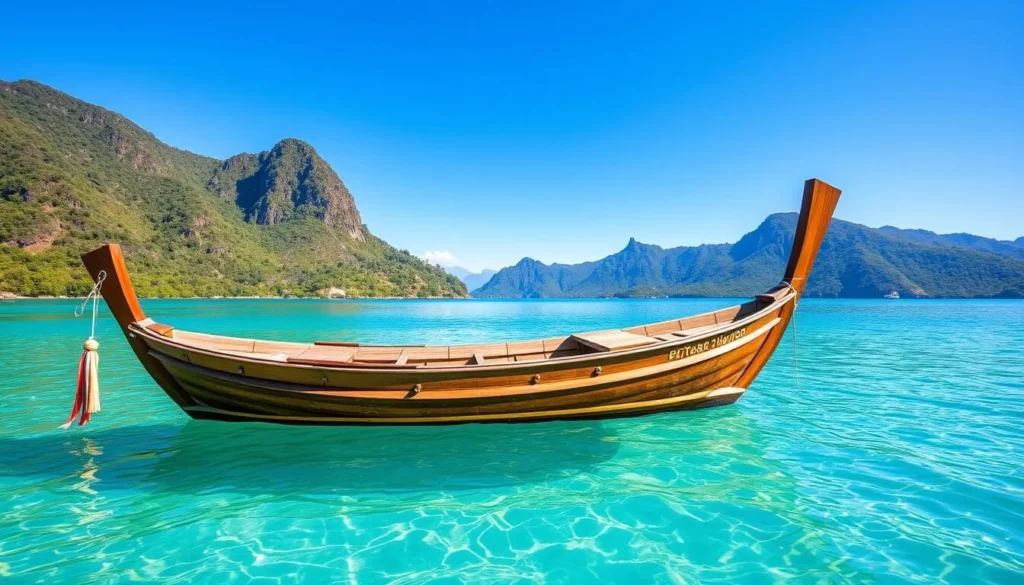 Traditional wooden boat on Lake Poso with mountains in the background