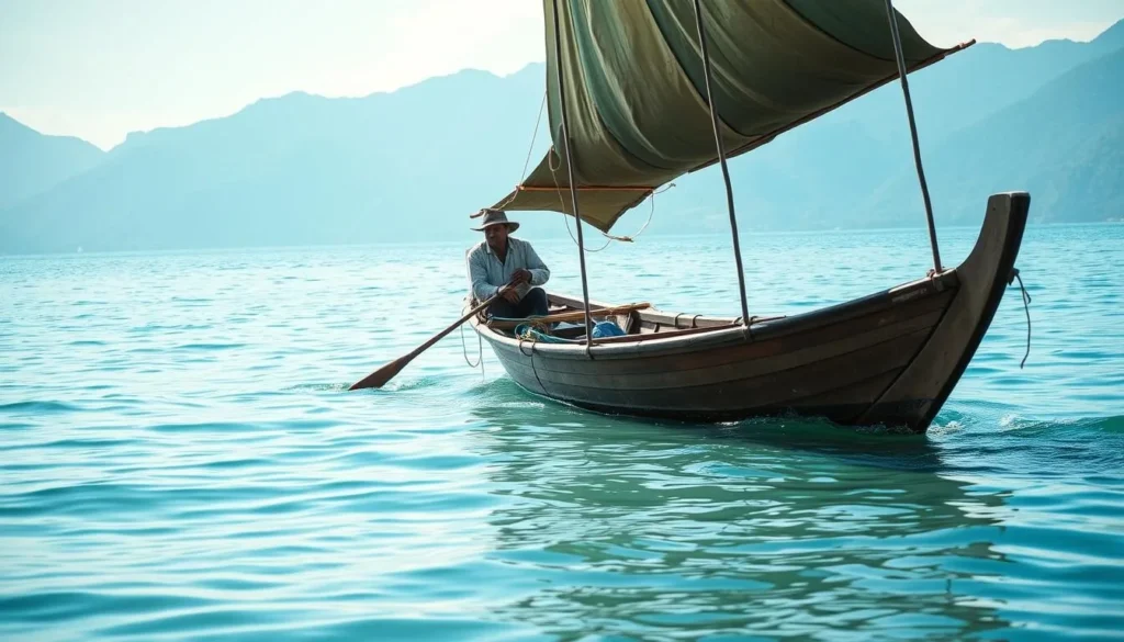 Traditional wooden boat on Lake Singkarak with local fisherman Traditional wooden boat on Lake Singkarak with local fisherman
