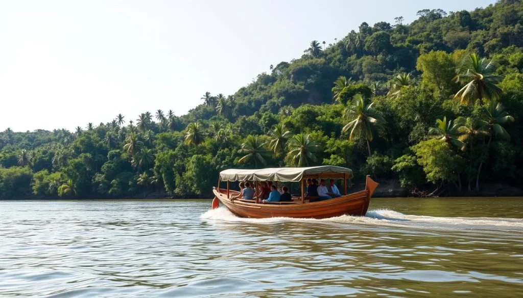 Traditional wooden boat on Rio Beni river transporting tourists in Rurrenabaque