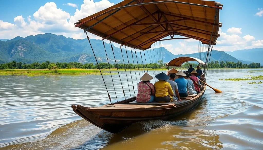 Traditional wooden boat on the Mekong River in Champasak with passengers crossing
