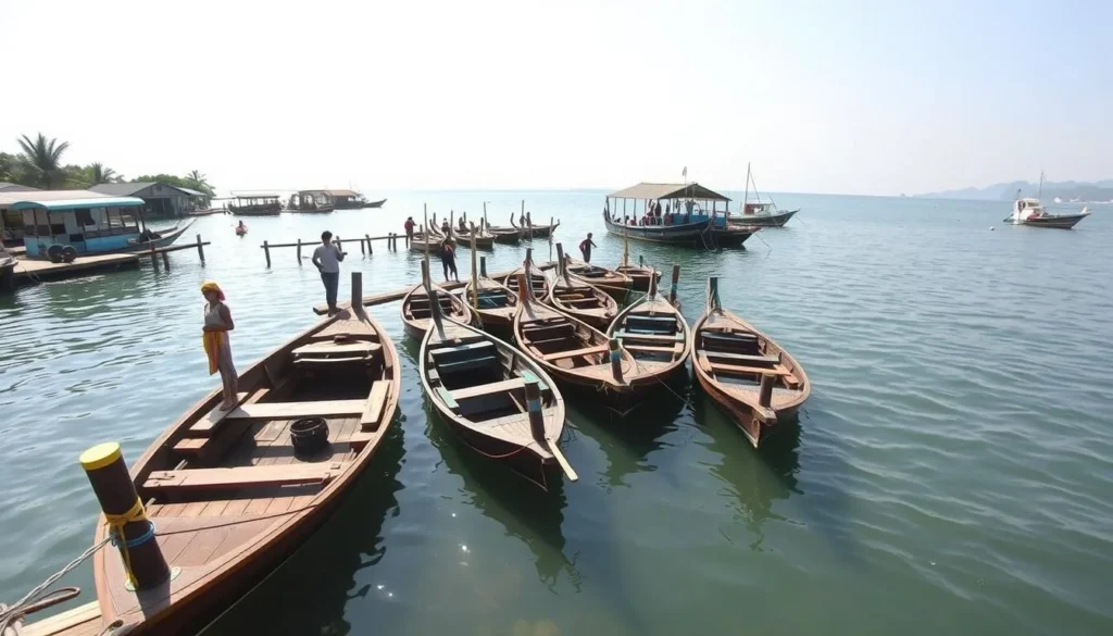 Traditional wooden boats at Bontang harbor ready to take tourists to nearby islands