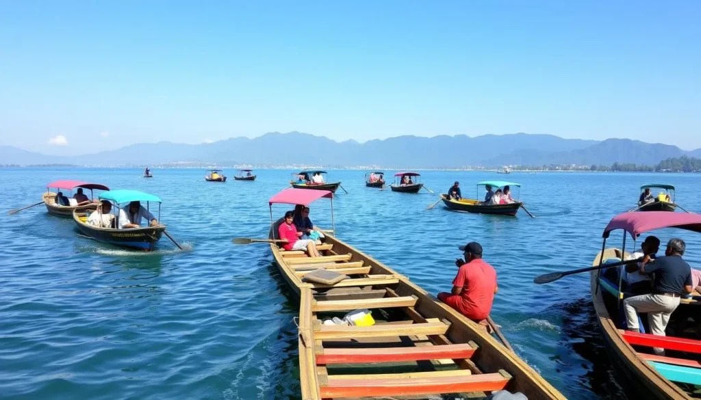 Traditional wooden boats on Lake Sentani with passengers being transported between islands