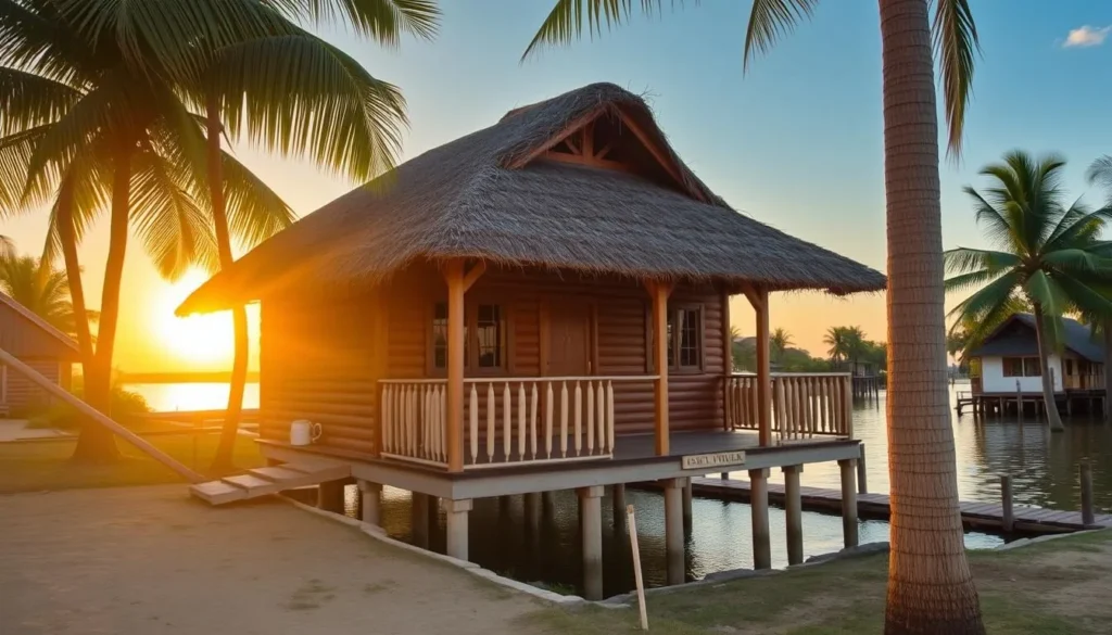 Traditional wooden bungalow accommodation in Nosy Varika with views of the Pangalanes Canal