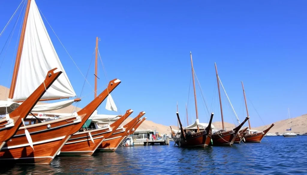 Traditional wooden dhow boats docked at Dibba harbor ready for cruises along the coastline