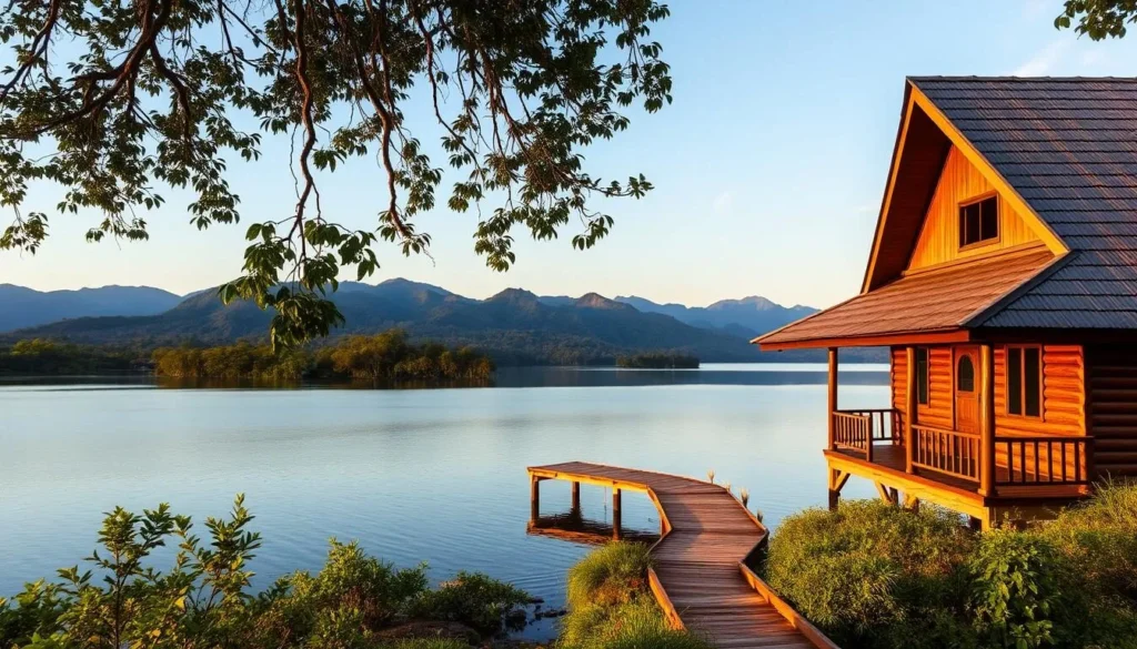 Traditional wooden guesthouse overlooking Lake Paniai with a small dock extending into the water