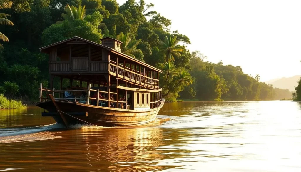 Traditional wooden klotok boat cruising along Sekonyer River in Tanjung Puting National Park