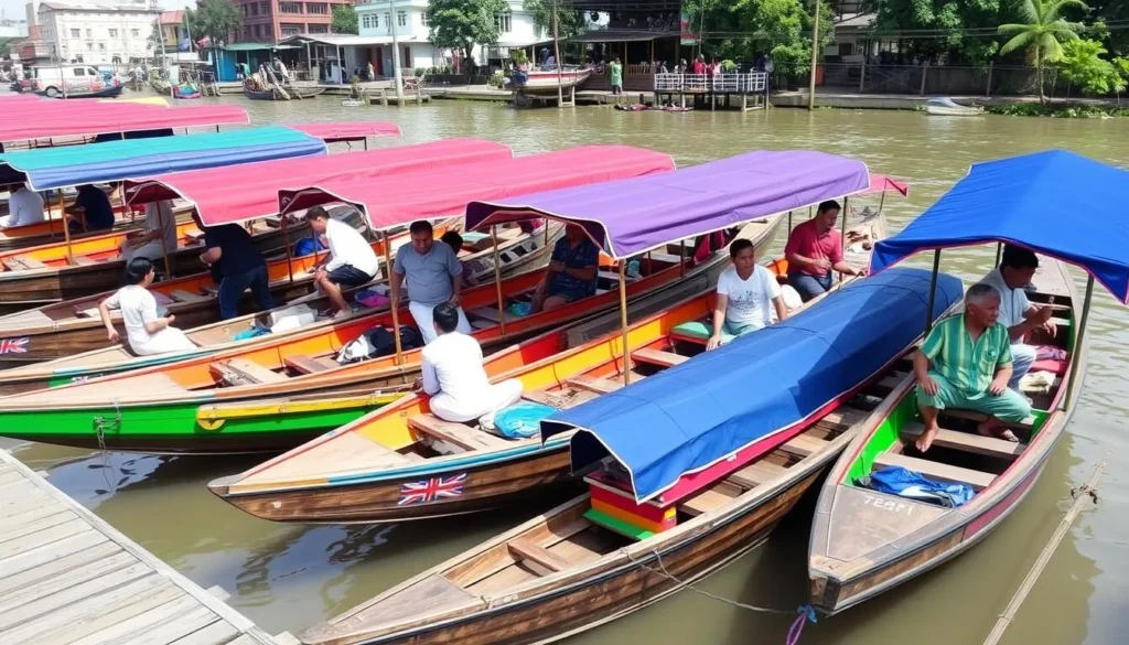 Traditional wooden klotok boats lined up at a riverside dock in Banjarmasin ready for tourists