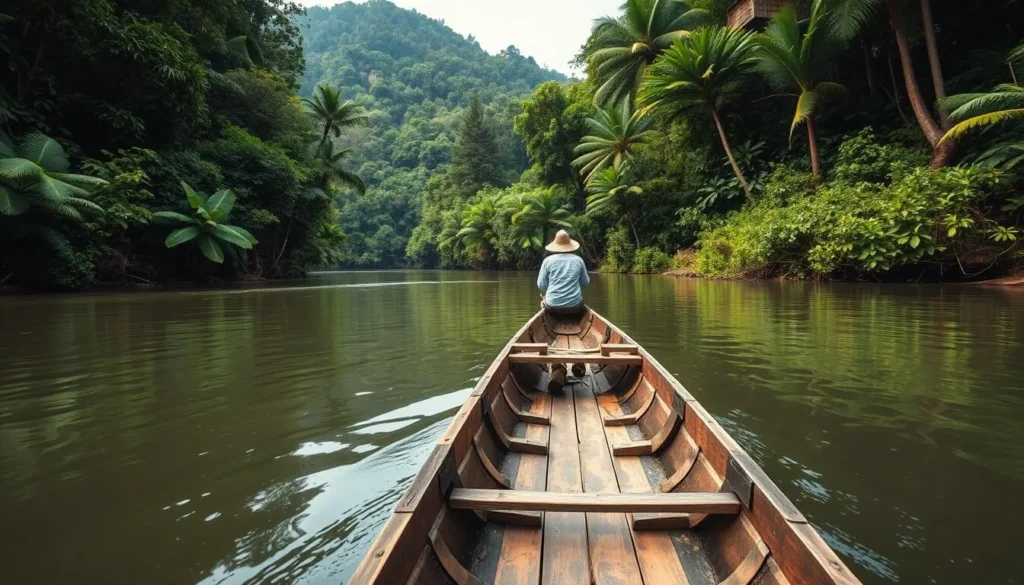 Traditional wooden longboat navigating a river in Mount Palung National Park with dense jungle on both sides