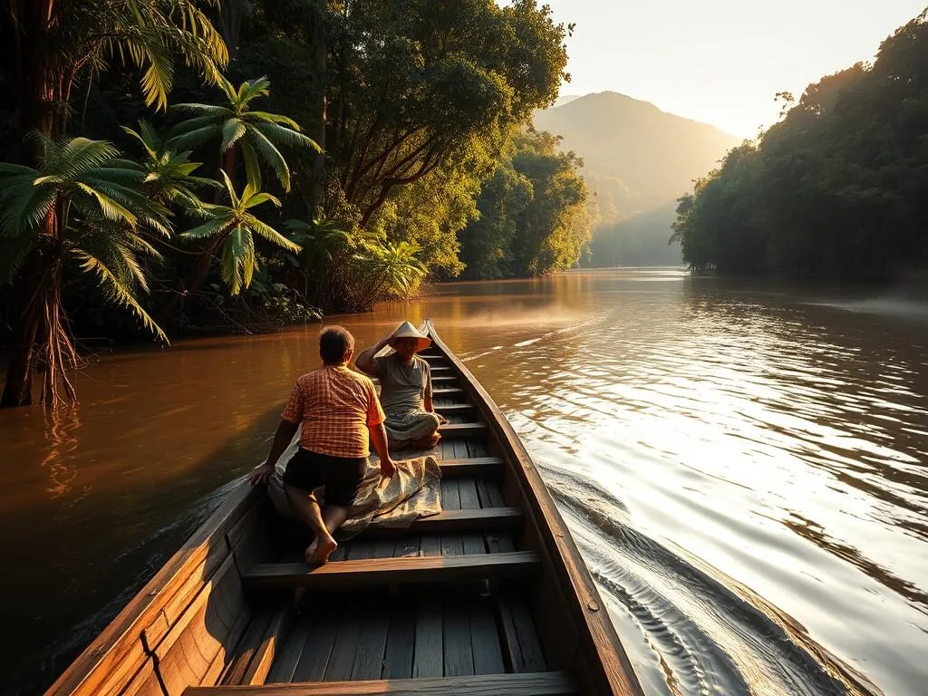 Traditional wooden longboat navigating the Kayan River through Kayan Mentarang National Park with dense rainforest on both banks
