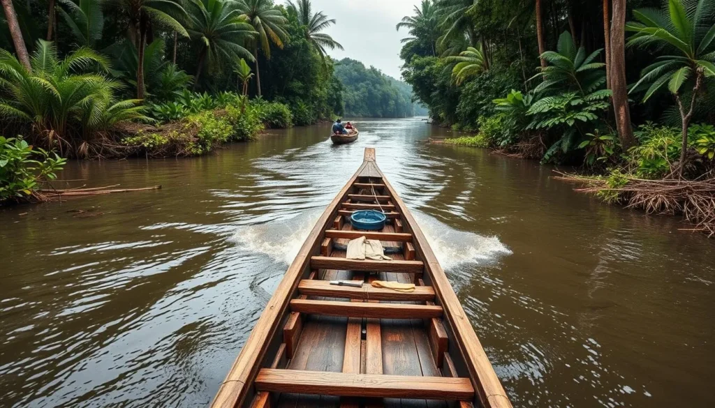 Traditional wooden longboat navigating through Kutai National Park river system
