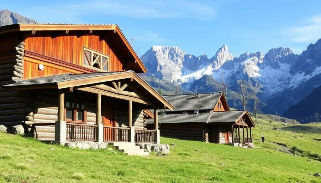 Traditional wooden mountain lodge in Cochamo Valley with granite peaks in the background