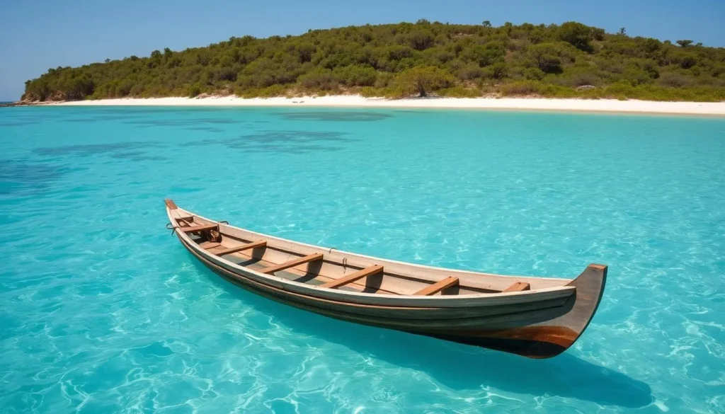 Traditional wooden pirogue boat on the coast of Mikea National Park with clear turquoise waters