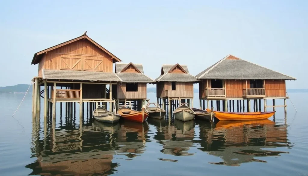 Traditional wooden stilt houses at Lake Sentarum with boats moored below Traditional wooden stilt houses at Lake Sentarum with boats moored below
