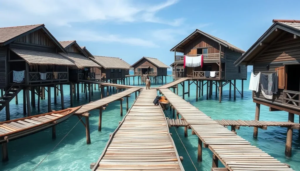 Traditional wooden stilt houses of Bajau sea gypsies in Pulau Papan with wooden walkways connecting them over turquoise water Traditional wooden stilt houses of Bajau sea gypsies in Pulau Papan with wooden walkways connecting them over turquoise water